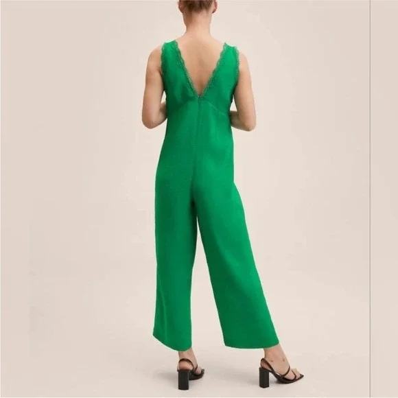 NWT MANGO MNG‎ Wide Leg Jumpsuit Size Large Green Sleeveless Cropped - Picture 6 of 11